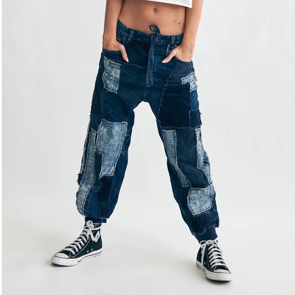 We The Free Patchwork Denim Joggers in Dark and Light Blue